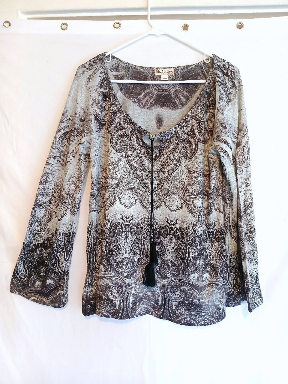 World Unity Black White Paisley Tassel-Tie Top Shirt S Festival Boho Cottagecore - Picture 2 of 7